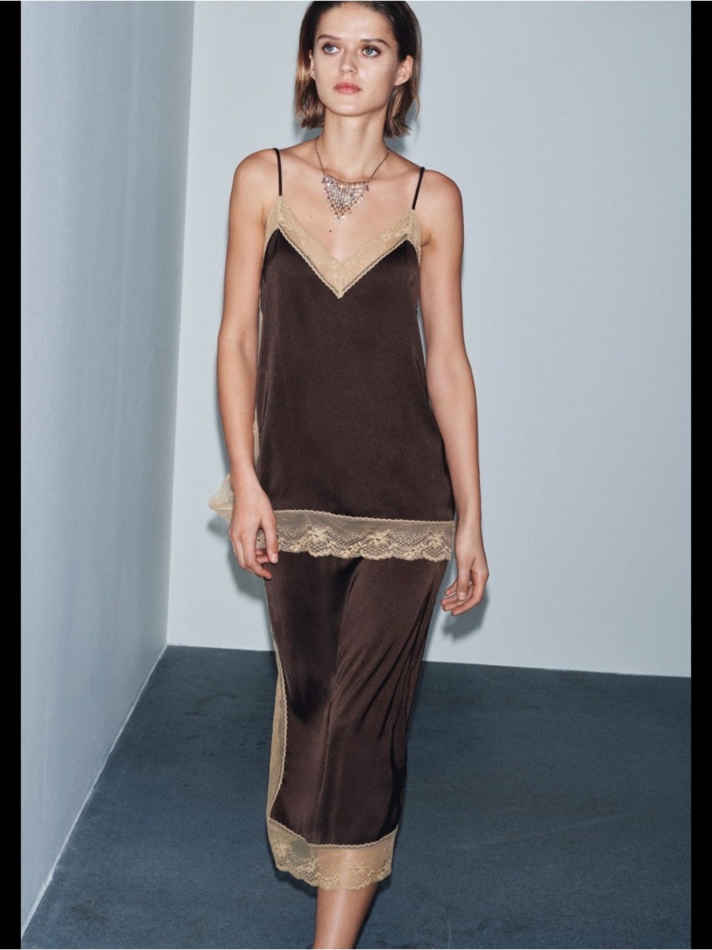Zara Silk Lace-Trim Slip Tunic Tank - Brown/Cream